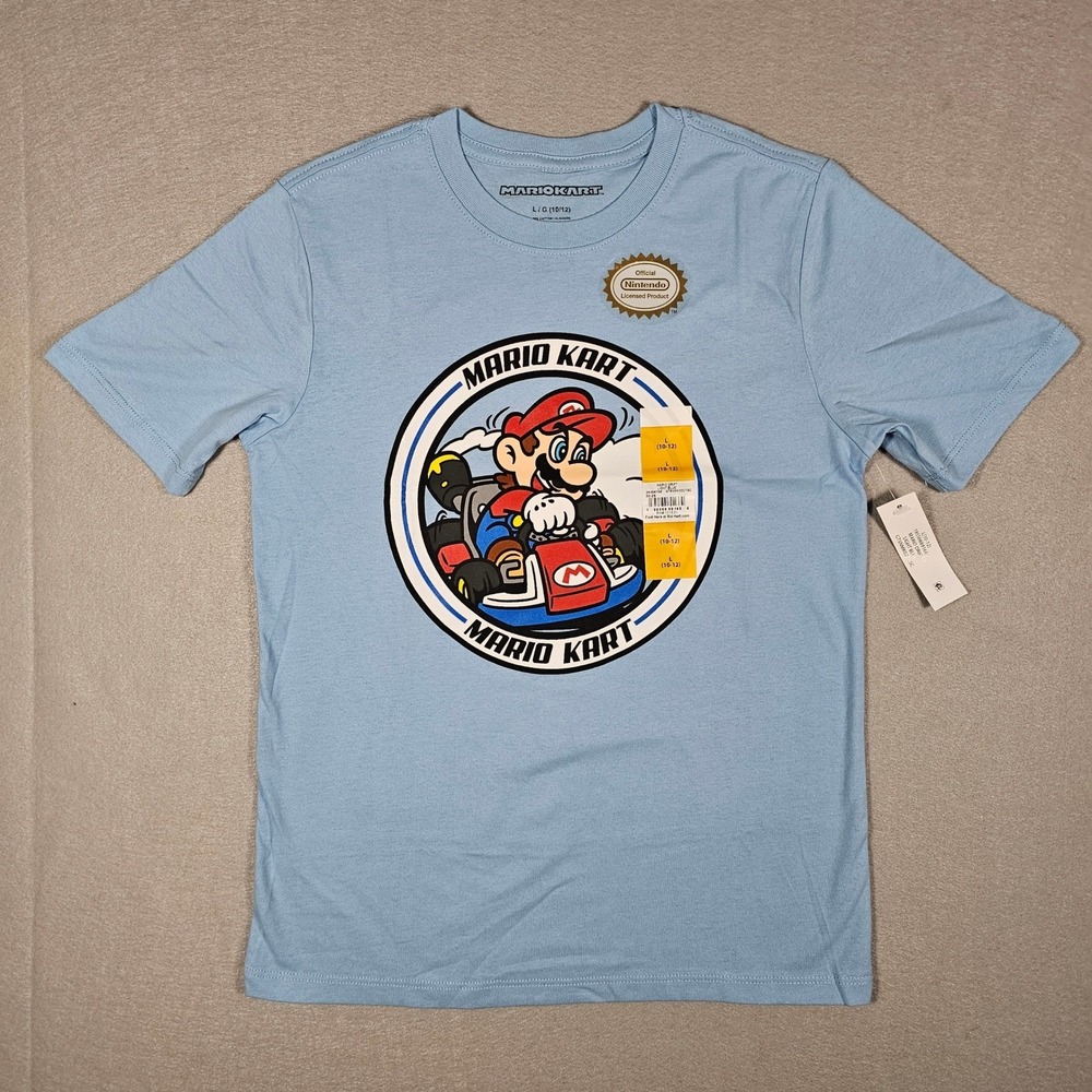 Nintendo Mario Kart Boys T-Shirt L 10/12 Mario Graphic Tee Light Blue NWT